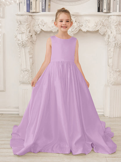 Robe de demoiselle d'honneur en satin sans manches de princesse coupe A avec traîne et nœud 