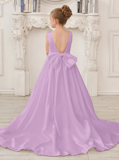 Robe de demoiselle d'honneur en satin sans manches de princesse coupe A avec traîne et nœud 
