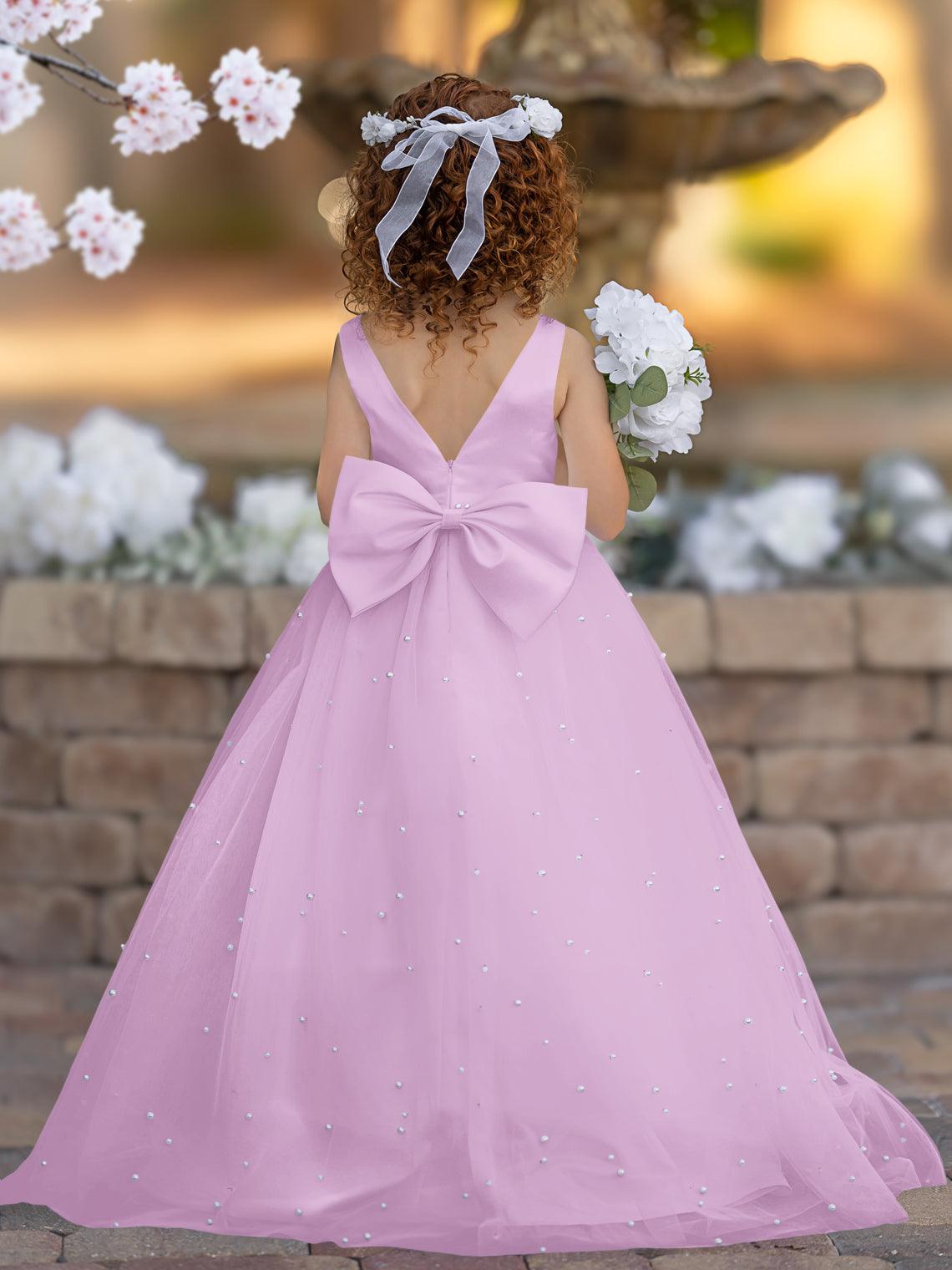 Floor Length V Neck Satin Tulle Princess Flower Girl Dress
