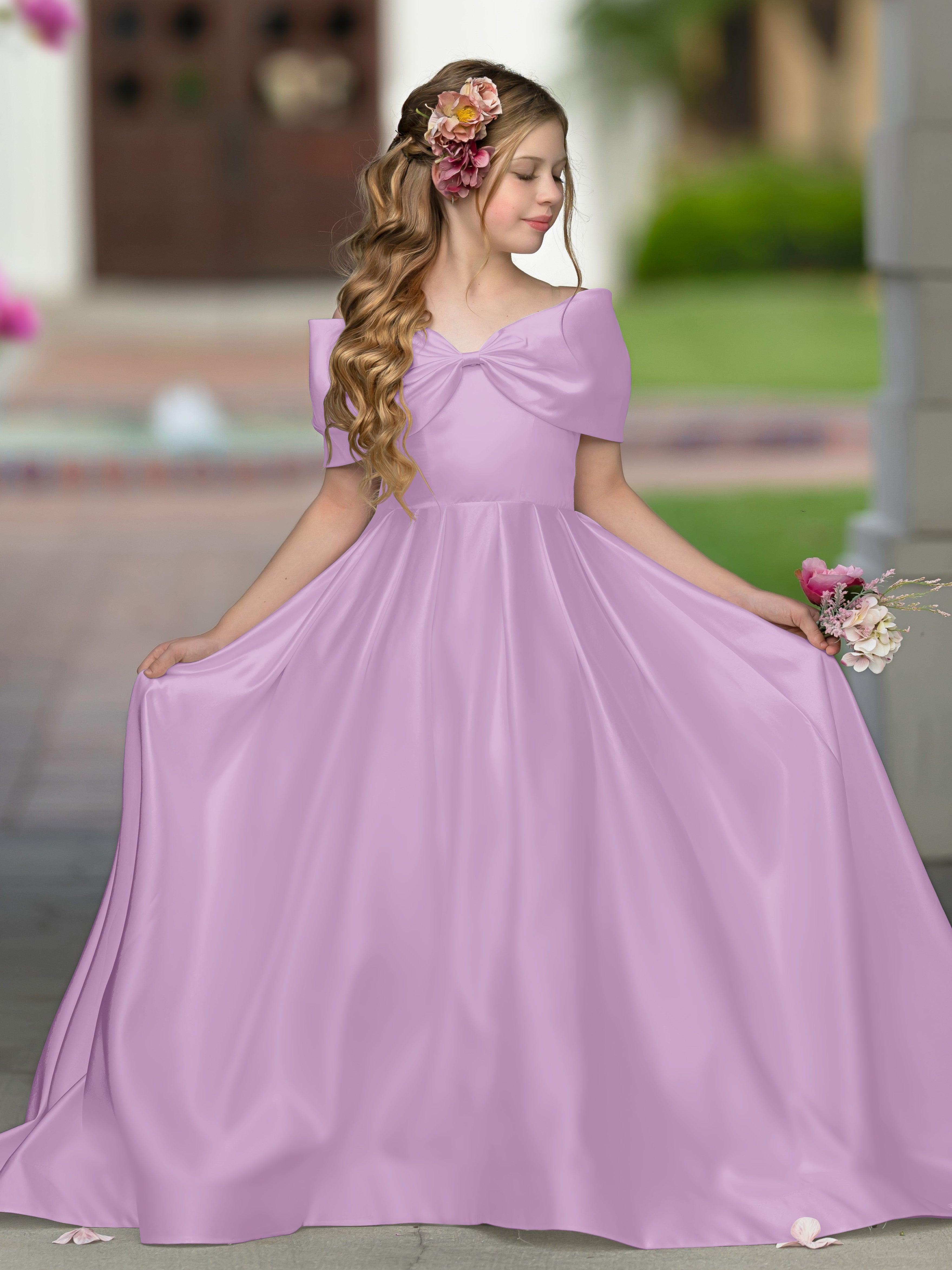 Ivory Satin Flower Girl Princess Ball Gown With Sweep Train And Bow Trim