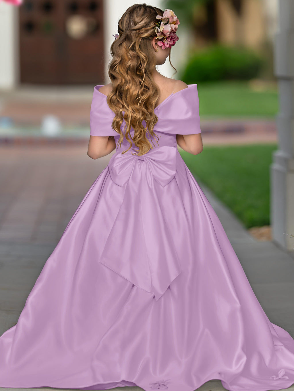 Ivory Satin Flower Girl Princess Ball Gown With Sweep Train And Bow Trim