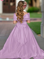 Ivory Satin Flower Girl Princess Ball Gown With Sweep Train And Bow Trim