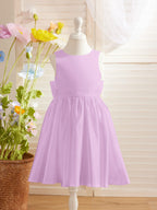 Ivory Satin Princess Flower Girl Knee Length Dress With Bow