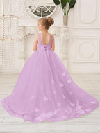Elegant Sleeveless Tulle Flower Girl Dress With Applique Lace And Sweep Train