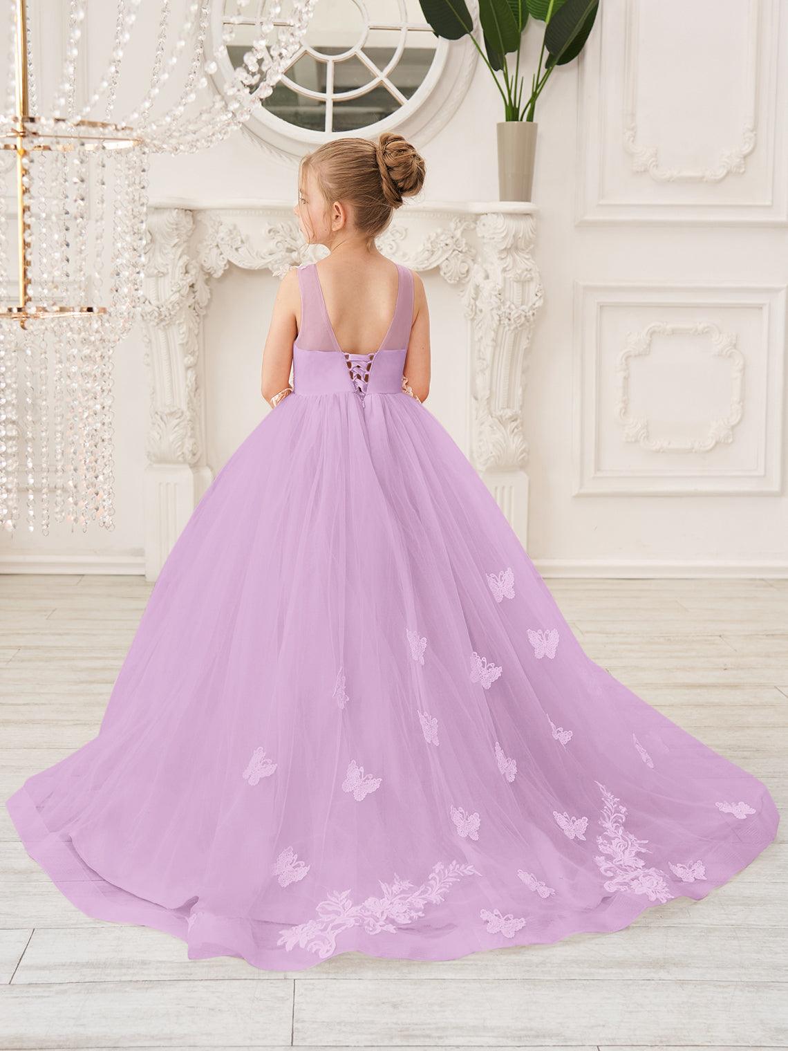 Elegant Sleeveless Tulle Flower Girl Dress With Applique Lace And Sweep Train