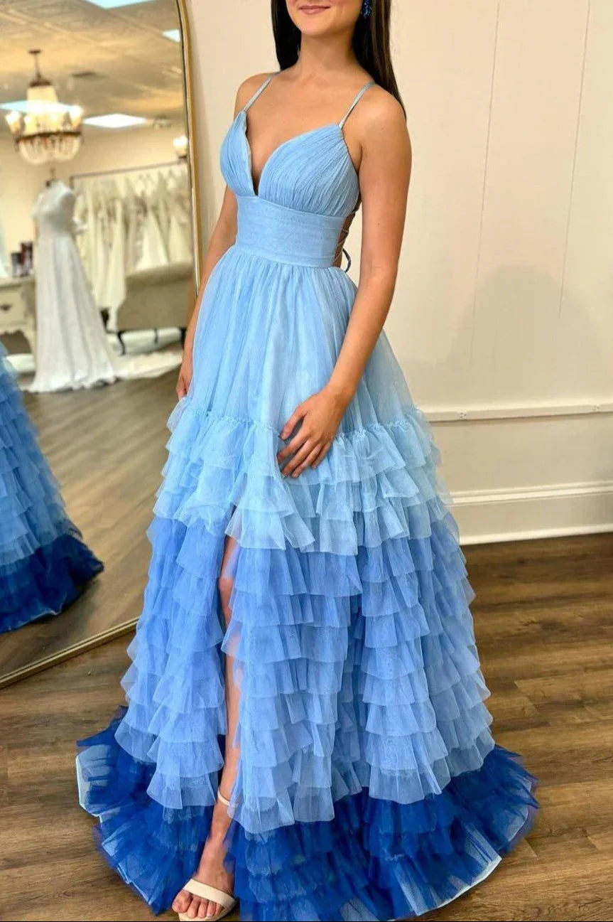Linae | Abito da sera lilla in tulle a linea A con scollo a V e spacco