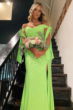 Lincoln | Robe longue formelle sirène froncée vert citron à épaules dénudées