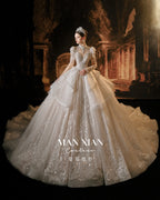 Vestido de Noiva de Renda Bordada de Luxo Couture com Gola Alta e Cauda | Vestido de Noiva Princesa de Baile