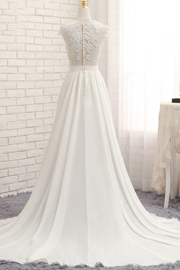 Robe de mariée longue en mousseline avec dentelle et appliques, coupe évasée, fendue