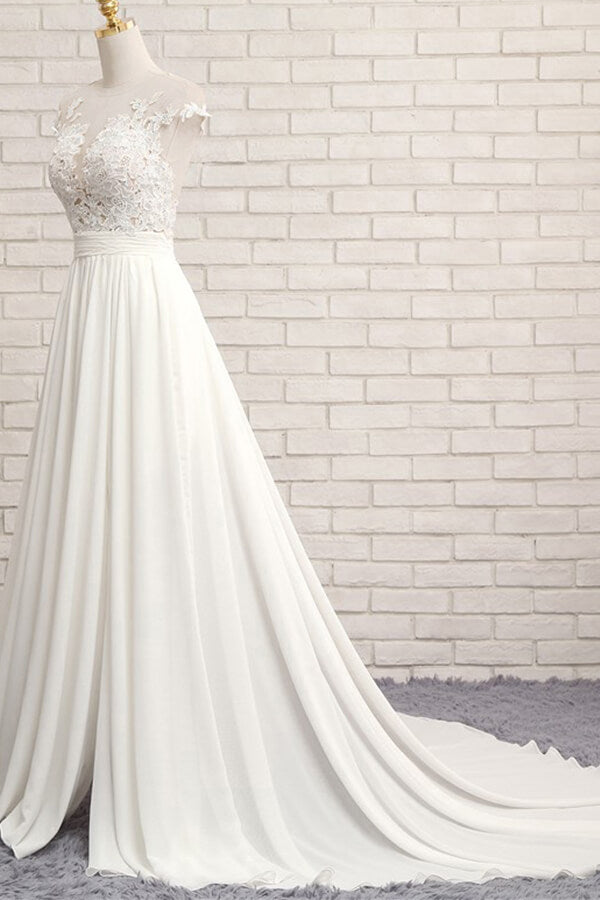 Robe de mariée longue en mousseline avec dentelle et appliques, coupe évasée, fendue