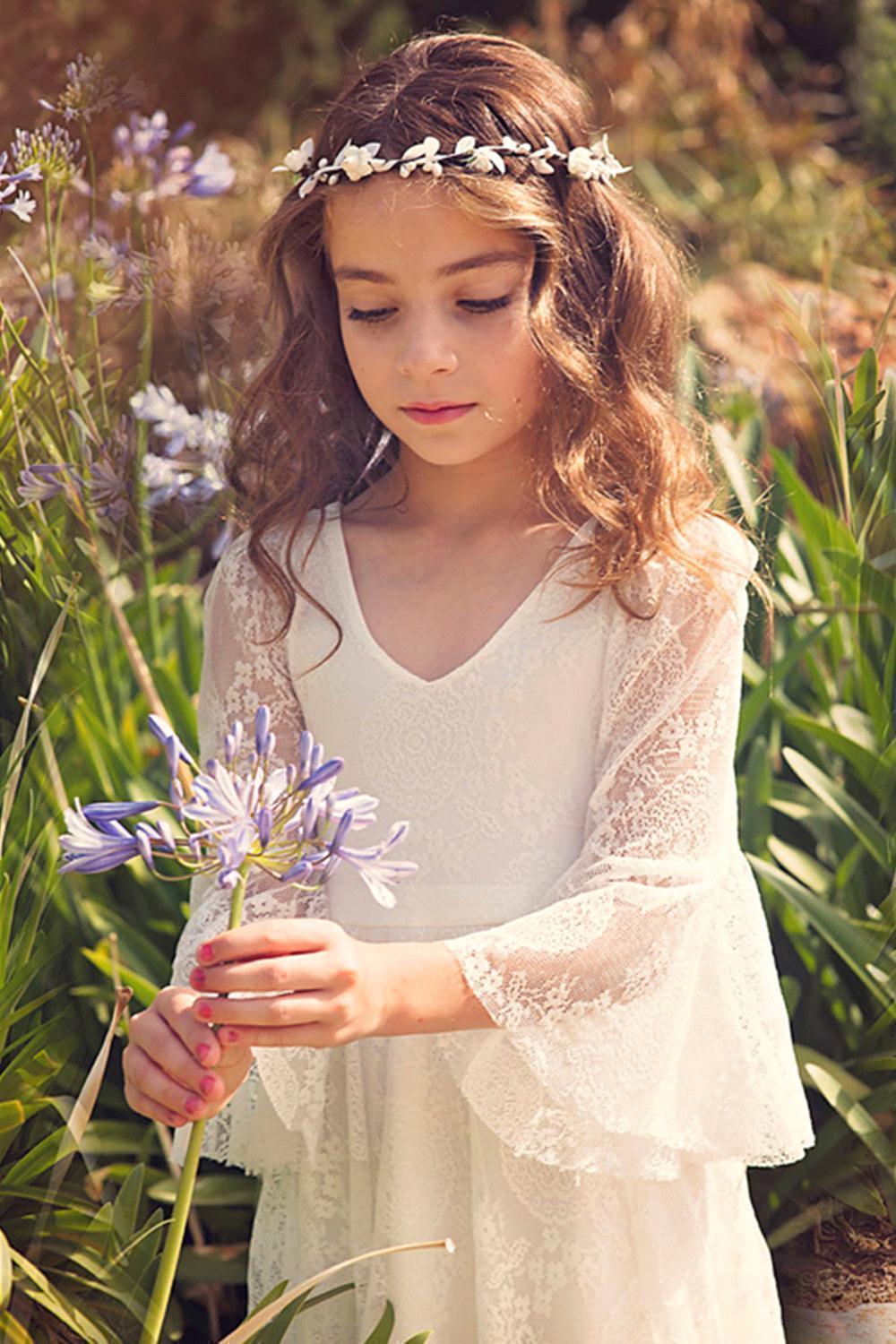 Long Sleeve V Neck Lace Applique A Line Flower Girl Dress