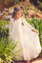 Long Sleeve V Neck Lace Applique A Line Flower Girl Dress