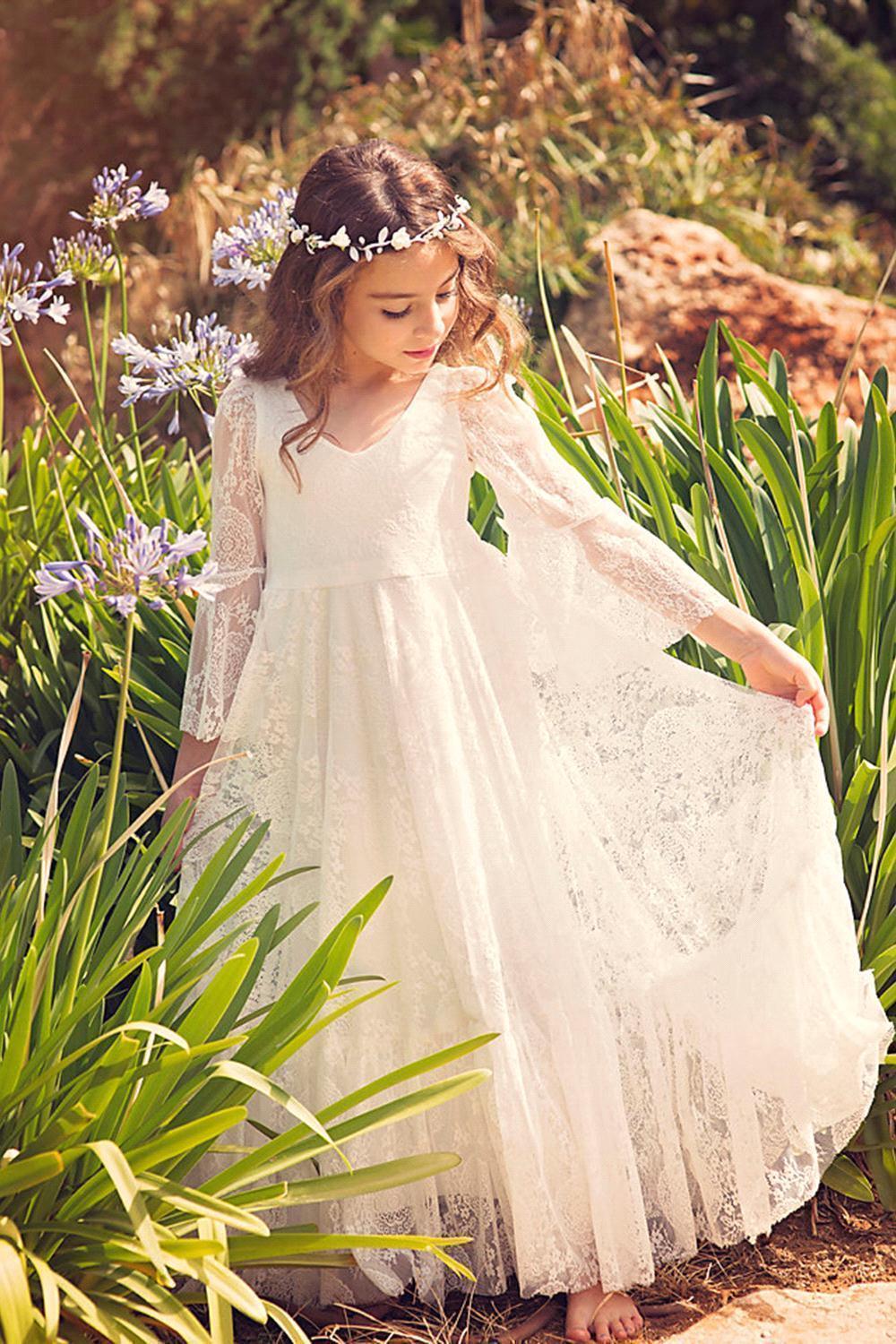 Long Sleeve V Neck Lace Applique A Line Flower Girl Dress
