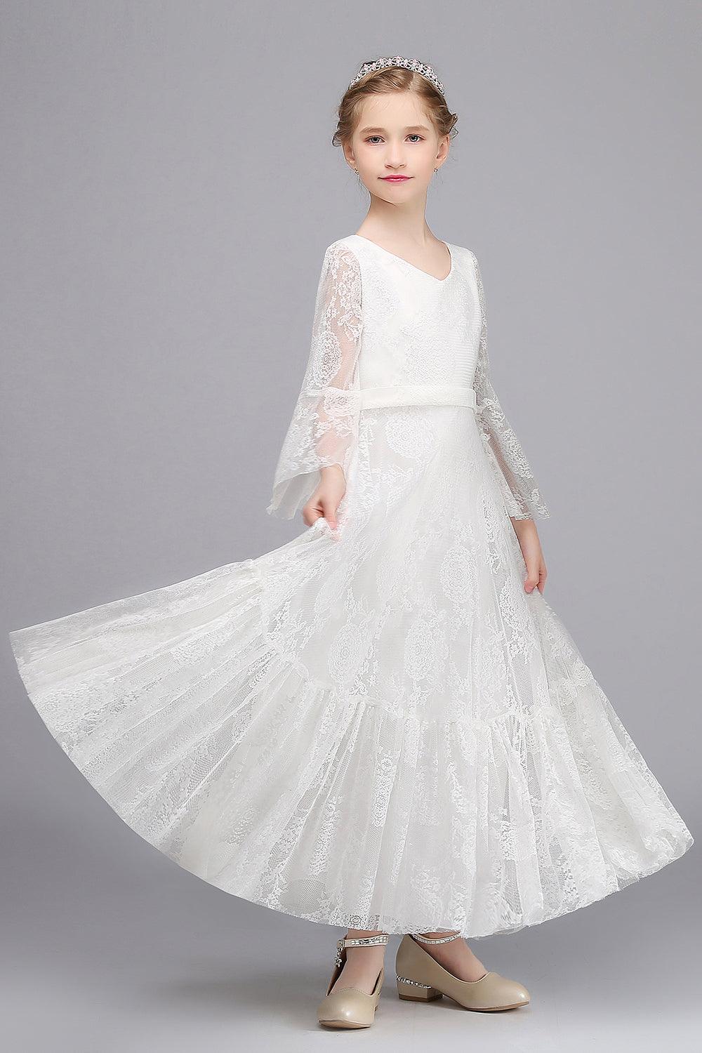 Long Sleeve V Neck Lace Applique A Line Flower Girl Dress
