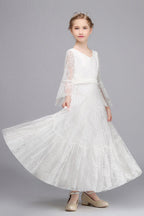 Long Sleeve V Neck Lace Applique A Line Flower Girl Dress