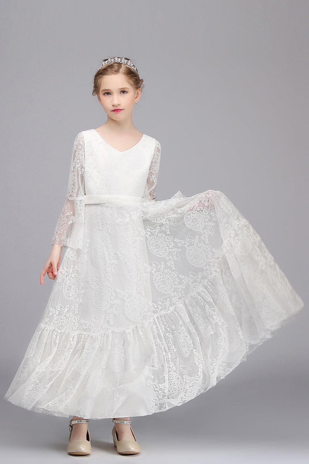 Long Sleeve V Neck Lace Applique A Line Flower Girl Dress