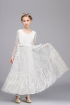 Long Sleeve V Neck Lace Applique A Line Flower Girl Dress
