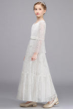 Long Sleeve V Neck Lace Applique A Line Flower Girl Dress