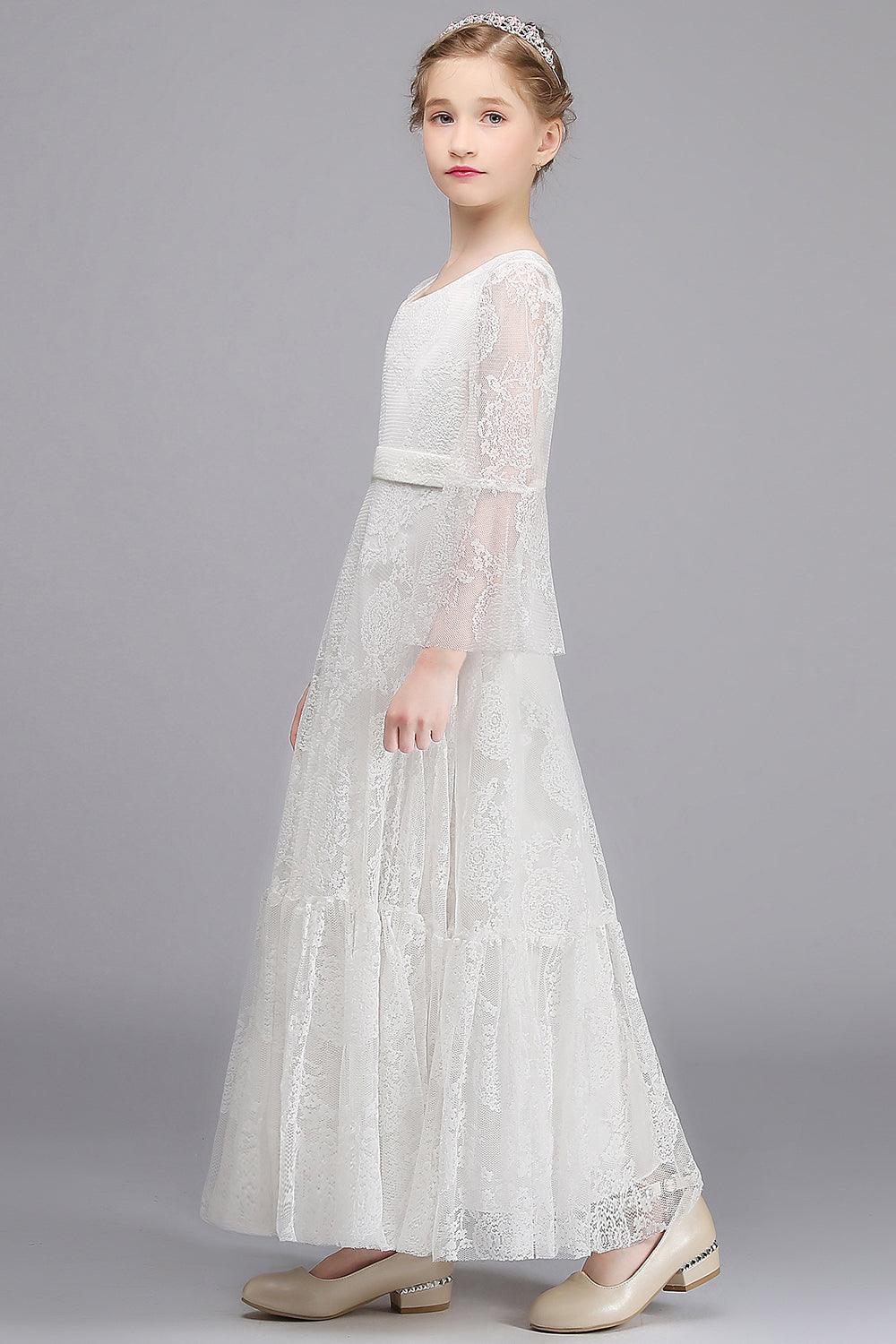 Long Sleeve V Neck Lace Applique A Line Flower Girl Dress