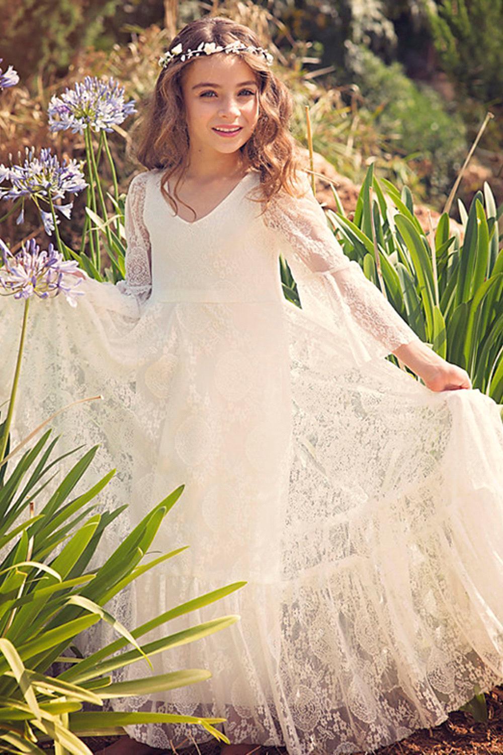 Long Sleeve V Neck Lace Applique A Line Flower Girl Dress - photo 1