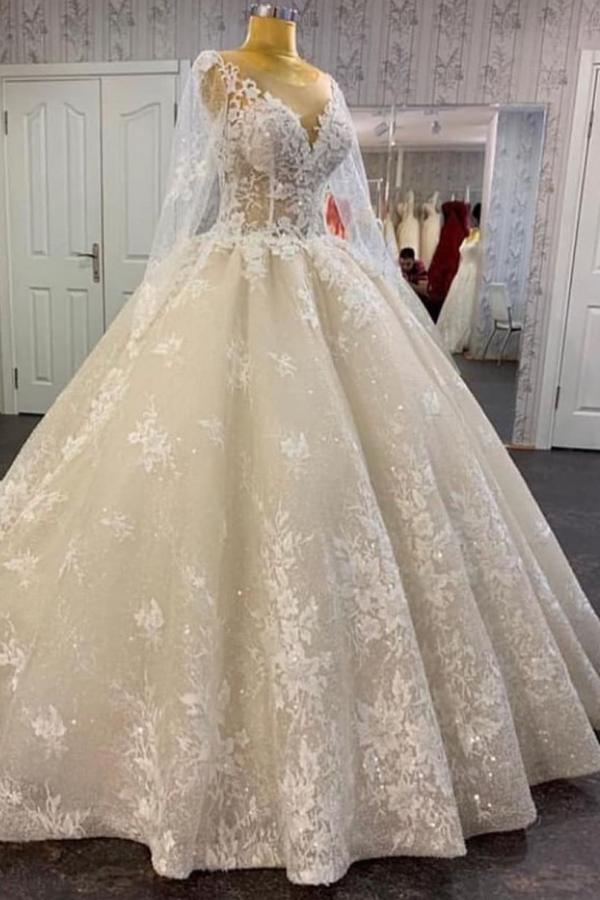 Robe de mariée longue en ligne A, décolleté bateau, appliques en dentelle, paillettes, tulle