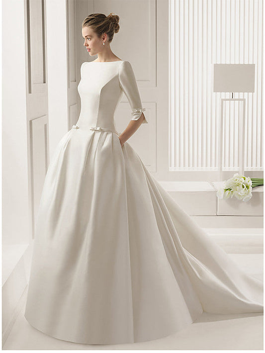 Langes A-Linien-Brautkleid mit Bateau-Ausschnitt und halblangen Ärmeln aus Polyester mit rückenfreiem Schnitt und Taschen