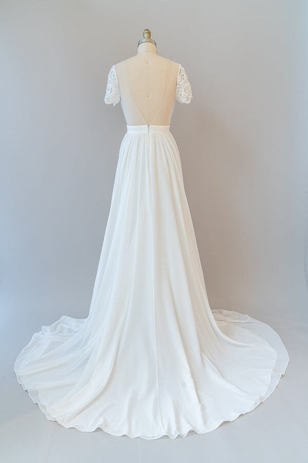 Robe de mariée longue en mousseline, dos nu, coupe évasée, avec manches