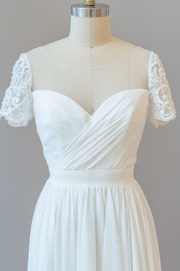 Robe de mariée longue en mousseline, dos nu, coupe évasée, avec manches