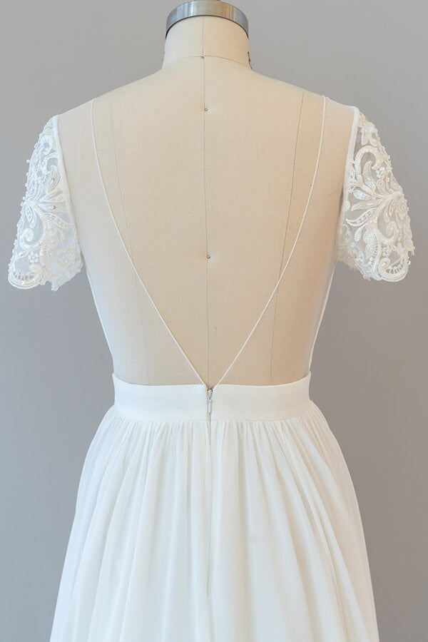 فستان زفاف طويل من الشيفون بقصة على شكل حرف أ بدون ظهر مع أكمام