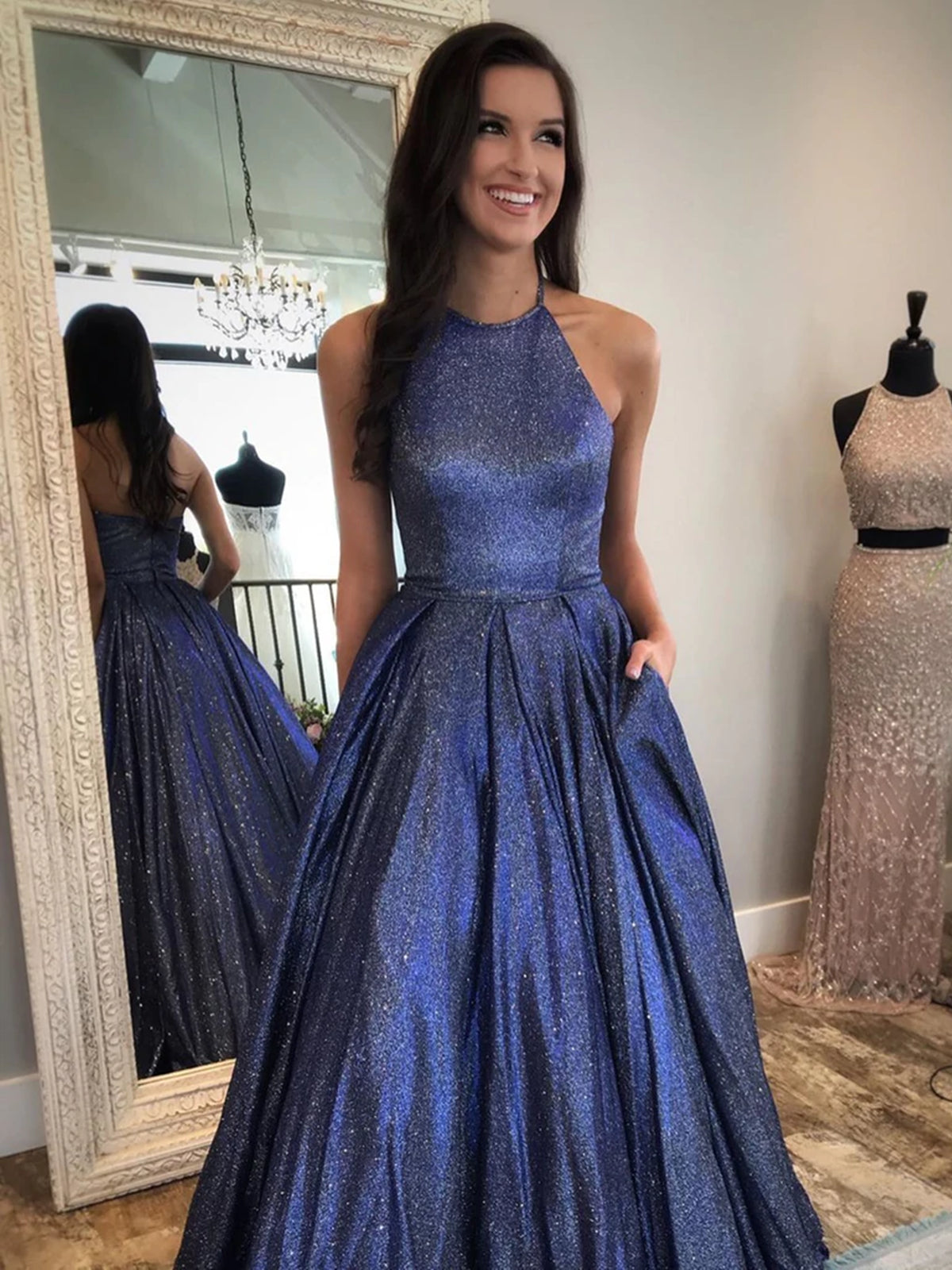 Long A-line Halter Backless Formal Graduation Prom Dresses with Pockets