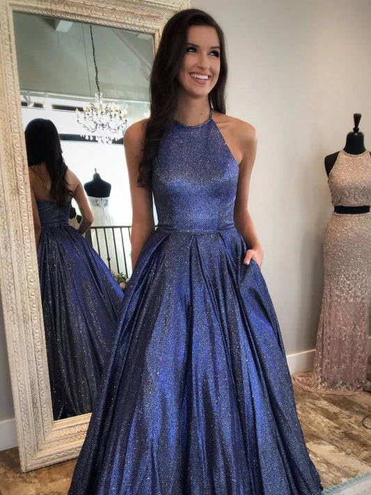 Long A-line Halter Backless Formal Graduation Prom Dresses with Pockets