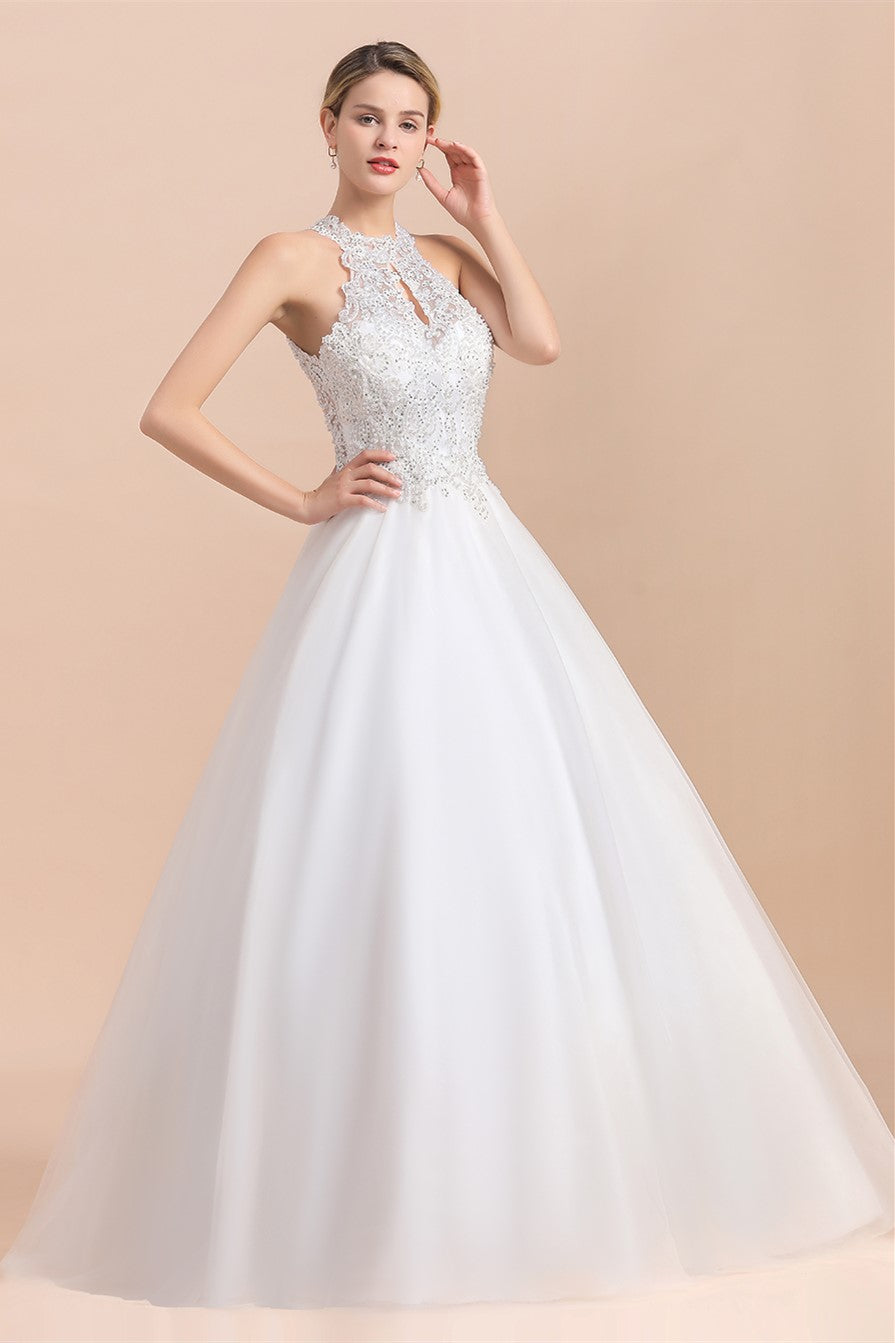 Robe de mariée longue en ligne A, dos nu, avec appliques en dentelle et sequins, sans manches