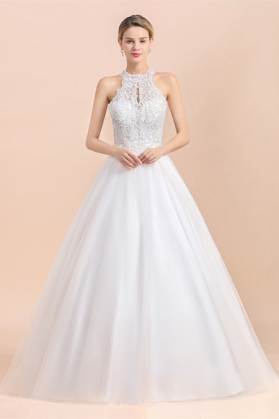 Robe de mariée longue en ligne A, dos nu, avec appliques en dentelle et sequins, sans manches