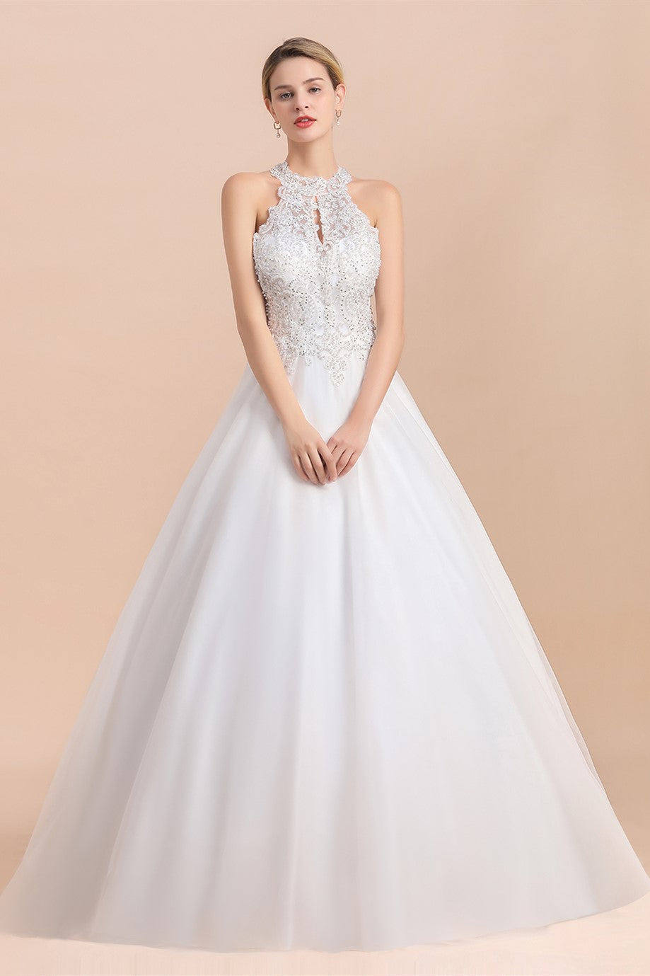 Robe de mariée longue en ligne A, dos nu, avec appliques en dentelle et sequins, sans manches