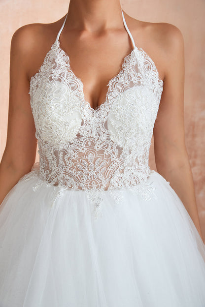 Long A-line Halter Open Back Appliques Tulle Wedding Dress