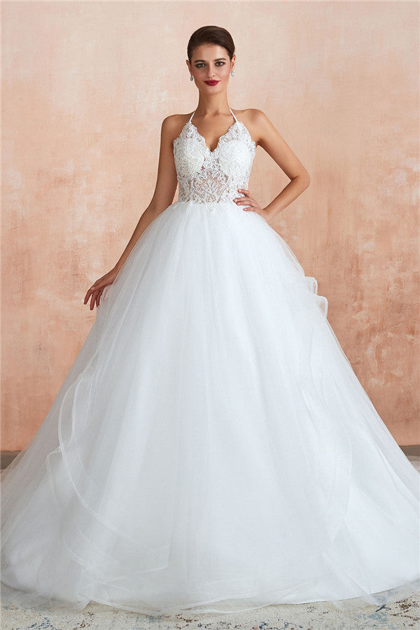 Long A-line Halter Open Back Appliques Tulle Wedding Dress