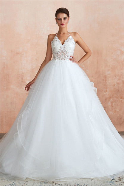 Long A-line Halter Open Back Appliques Tulle Wedding Dress