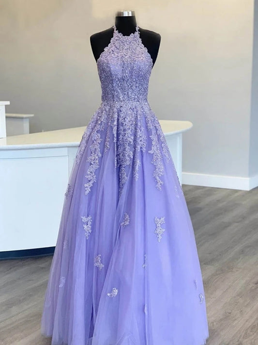 Long A-line Halter Tulle Lace Prom Formal Graduation Evening Dresses