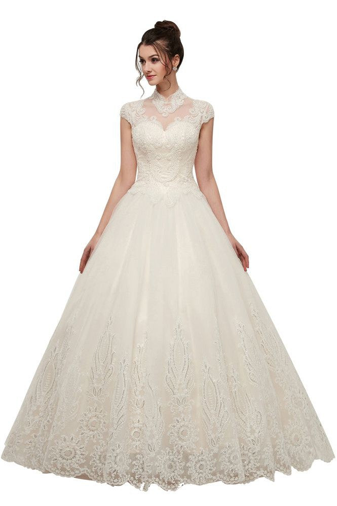 Robe de mariée longue en ligne A, col haut, appliques en dentelle, manches courtes avec laçage