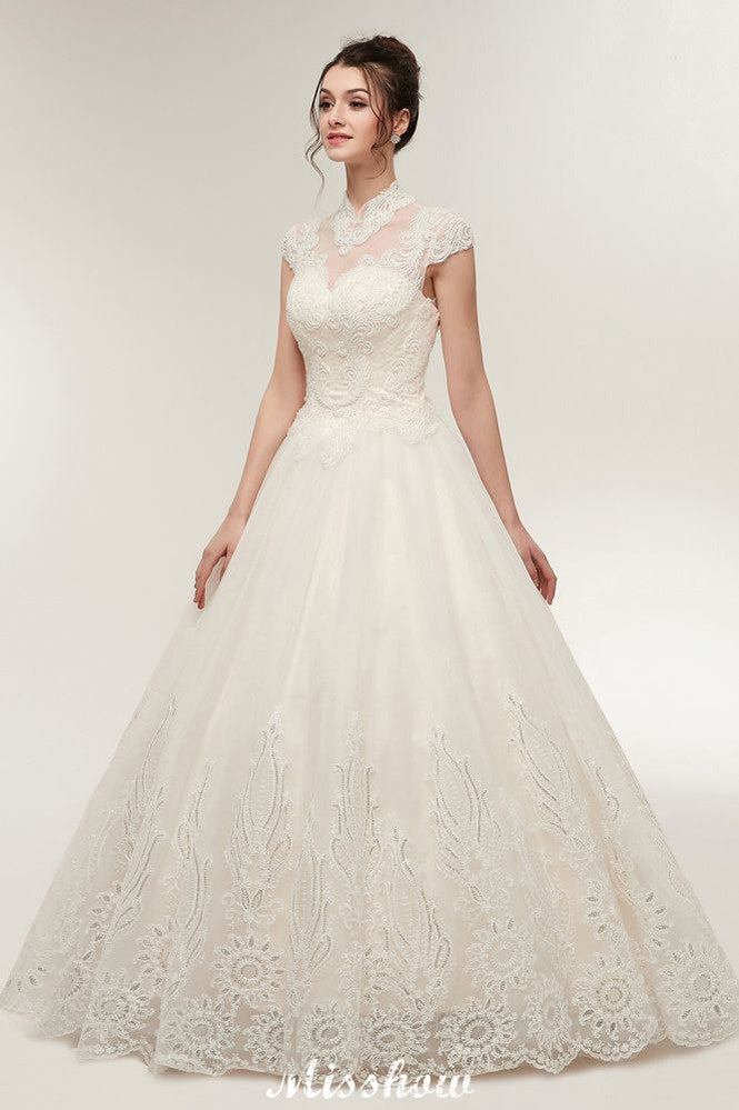 Robe de mariée longue en ligne A, col haut, appliques en dentelle, manches courtes avec laçage