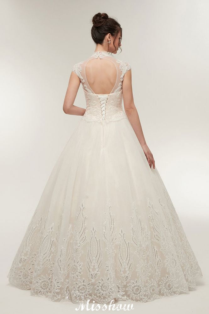 Robe de mariée longue en ligne A, col haut, appliques en dentelle, manches courtes avec laçage