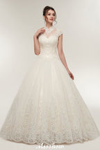 Robe de mariée longue en ligne A, col haut, appliques en dentelle, manches courtes avec laçage