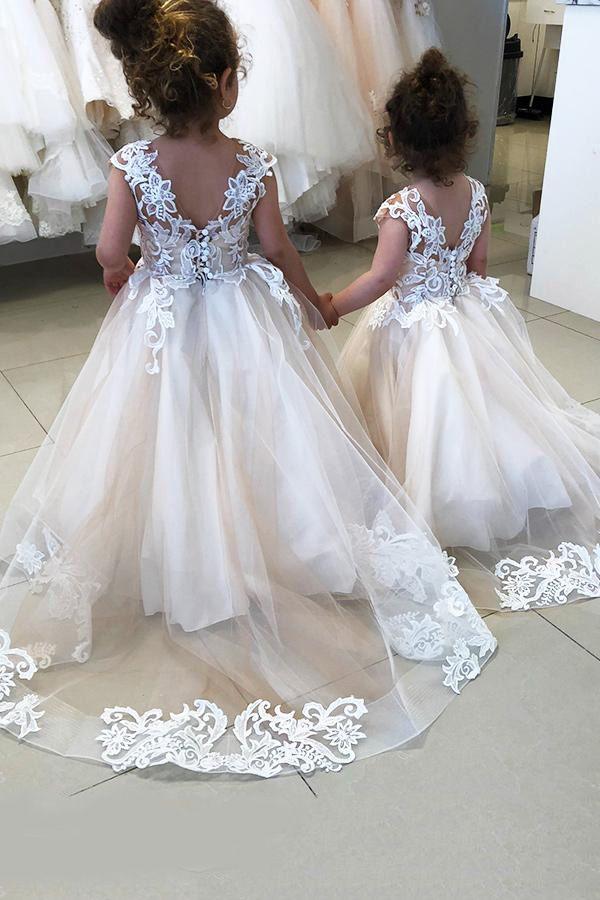 Long A Line Tulle Flower Girl Dress With Lace Appliques And Train