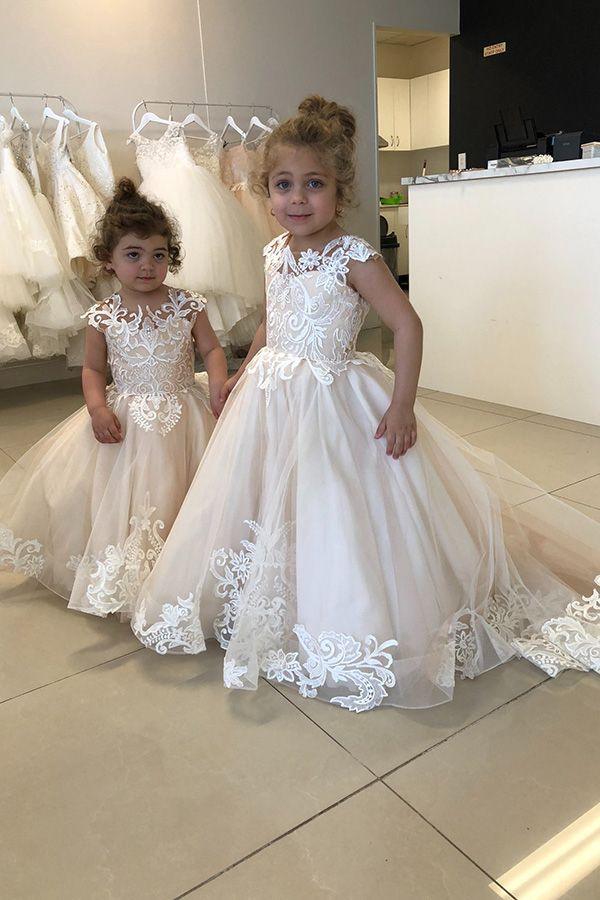Long A Line Tulle Flower Girl Dress With Lace Appliques And Train