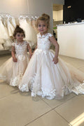 Long A Line Tulle Flower Girl Dress With Lace Appliques And Train
