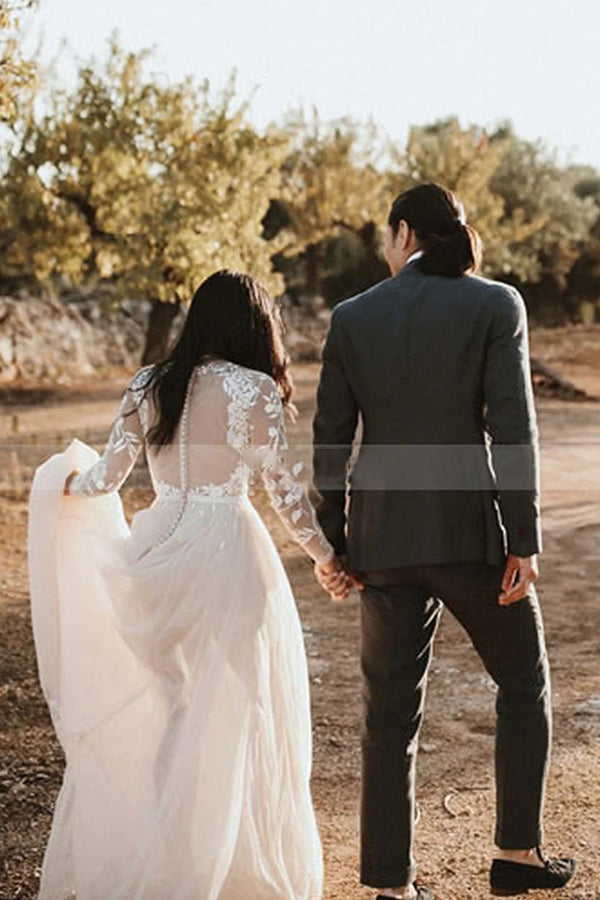 Long A-line Lace Scoop Neck Tulle Wedding Dress with Sleeves