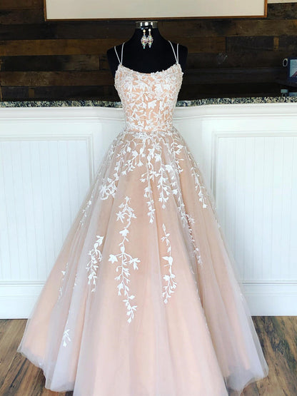 Long A-line Lace Tulle Formal Graduation Evening Prom Dresses