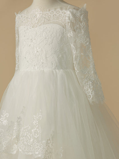 Long A-Line Lace Tulle Wedding First Communion Flower Girl Dresses with Sleeves