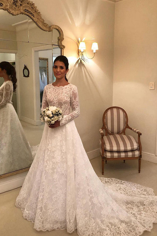 Langes A-Linien-Brautkleid aus Spitze mit Ärmeln
