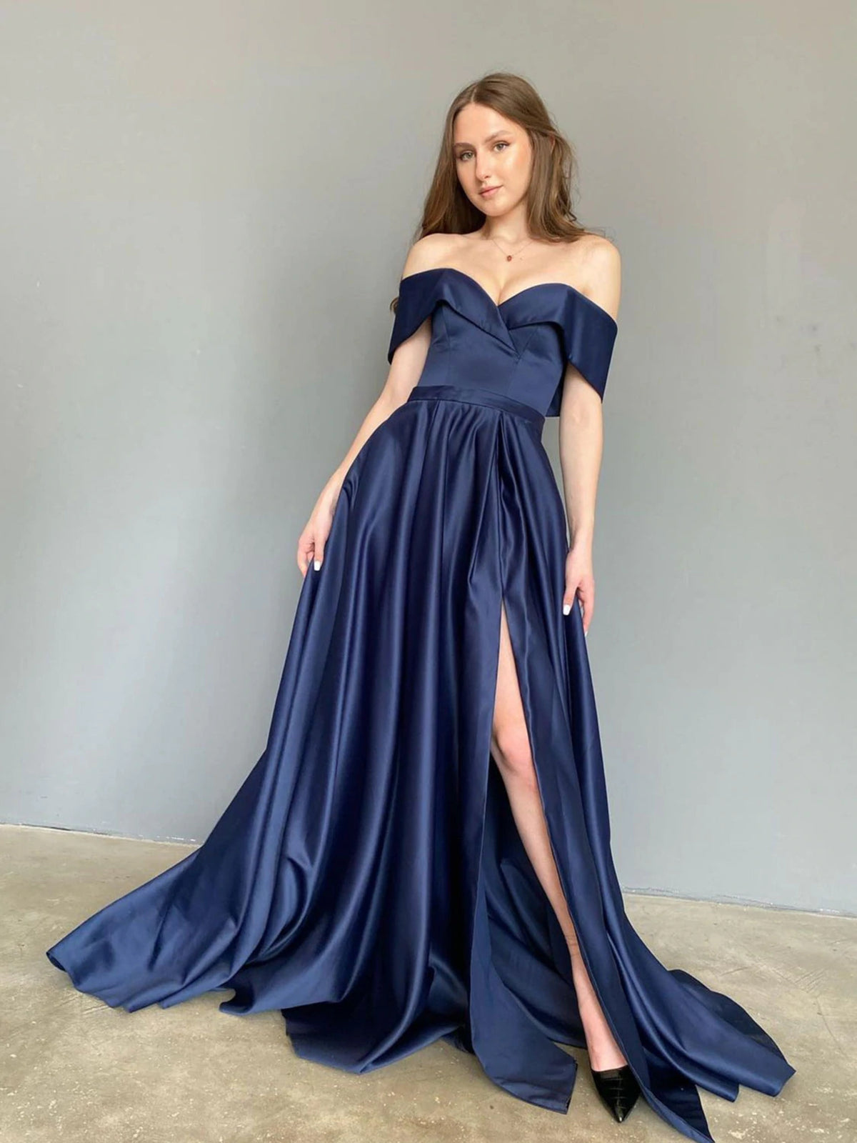 Long A-line Off Shoulder Satin Prom Dresses with Slit Dark Navy Formal Graduation Evening Dresses